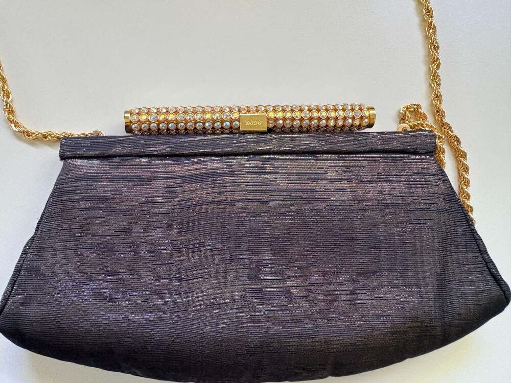 Vintage Rodo Italy Black Metallic Clutch with Jeweled Crystal Clasp and Chain - Picture 10 of 12